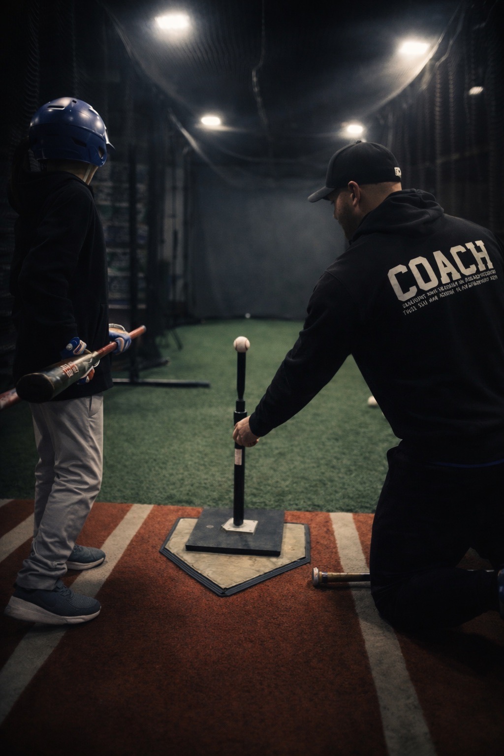 Coach Steve placing a ball on the tee for a hitter